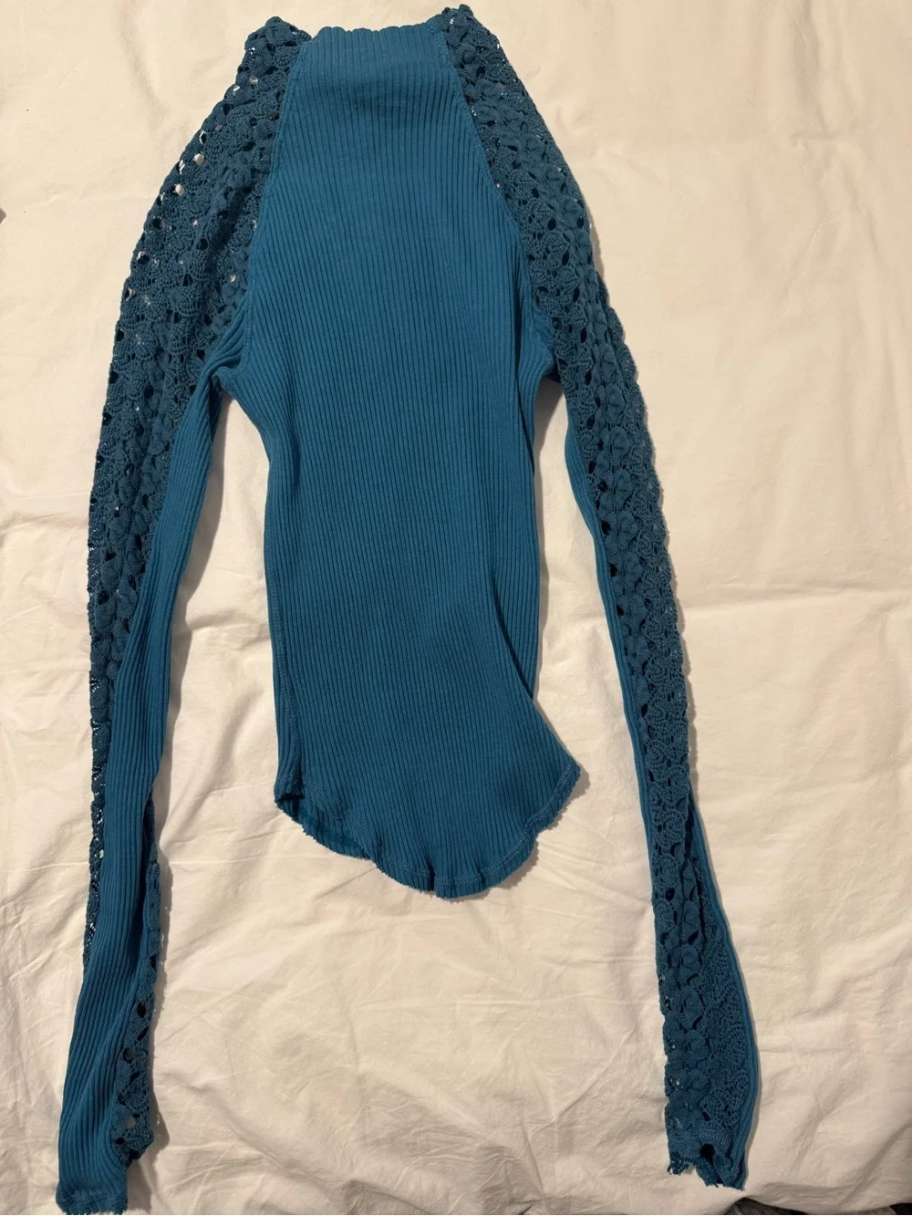 Free People Teal Ribbed Long Sleeve Top with Crochet Lace Sleeves
